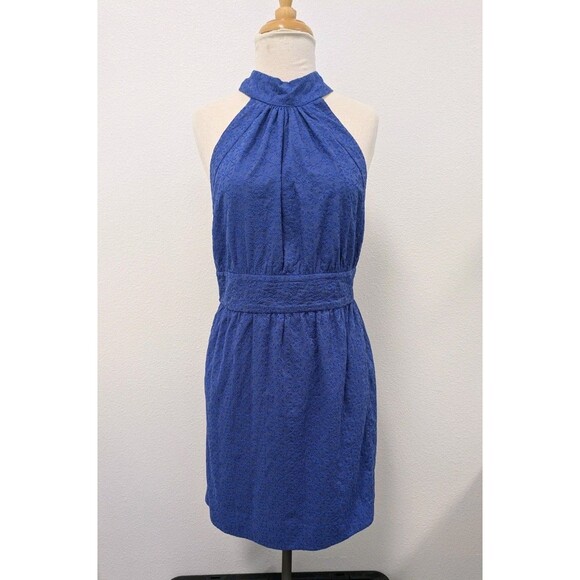 Betsey Johnson Blue Halter Floral Eyelet Mini Wrap Dress sz 6 Bow Coquette - Picture 1 of 12